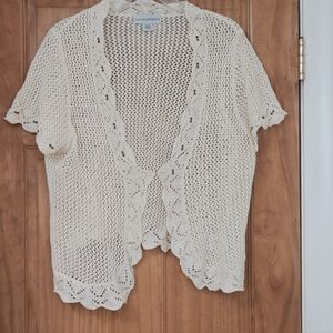 Sag Harbor Y2K Cream Short Sleeve Open Knit Crochet Cardigan With Beaded Detail